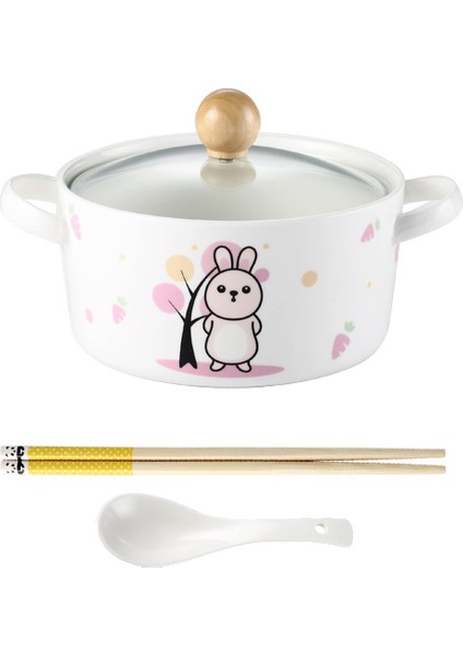 Seramik Anında Erişte Kapaklı Kase Anında Erişte Fincan Kase ve Yemek Çubukları Seti Ev Yemek Kabı, Tavşan (Yurt Dışından)