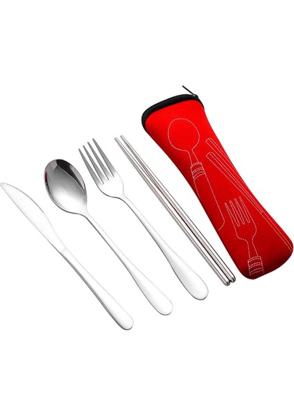 4 Parça Yemek Takımı Taşınabilir Paslanmaz Çelik Kaşık Çatal Biftek Bıçağı Seti Seyahat Çatal Bıçak Takımı Sofra Takımı Çantalı Kırmızı (Yurt Dışından)