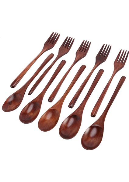 10 Adet Tahta Kaşık Çatal Seti Ahşap Gereçler Seti Yeniden Kullanılabilir Doğal Ahşap Sofra Takımı Pişirme Karıştırma Yeme Için Set (Yurt Dışından)