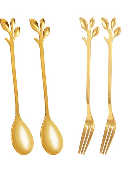 Sofra Altın Yaprak Kahve Kaşığı Çatal, 4 Paket (2 Kaşık 2 Çatal) Küçük Demitasse Espresso Kaşığı ve Meze Tatlı Çatal Seti, 4.7 Inç Çay Kaşığı Seti (Yurt Dışından)