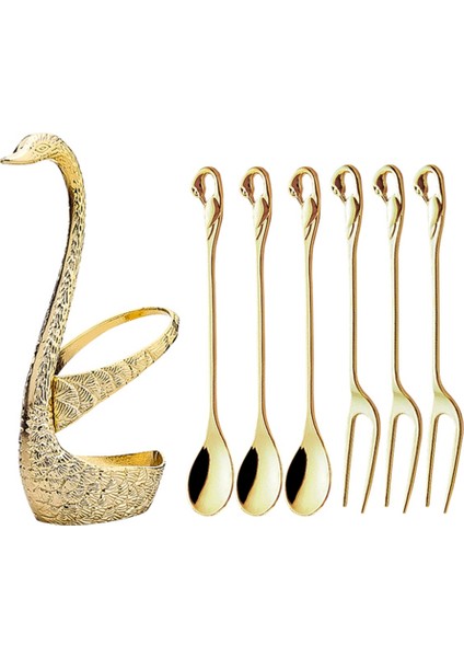 7 Adet Kuğu Tabanı Tutucu Yemek Takımı Seti Altın Kaşık Çatal Çatal Kahve Kek Meyve Salatası Tatlı Sofra Takımı Çay Kaşığı-C (Yurt Dışından)
