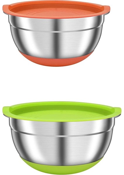 2'li Paket Hava Geçirmez Kapaklı Karıştırma Kaseleri, Mutfak Için Renkli Paslanmaz Çelik Metal Yerleştirme Kaseleri, Kaymaz Silikon (Yurt Dışından)