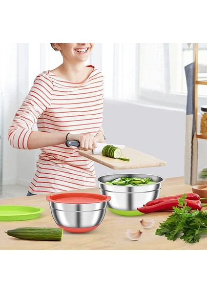 2'li Paket Hava Geçirmez Kapaklı Karıştırma Kaseleri, Mutfak Için Renkli Paslanmaz Çelik Metal Yerleştirme Kaseleri, Kaymaz Silikon (Yurt Dışından) indirimleri