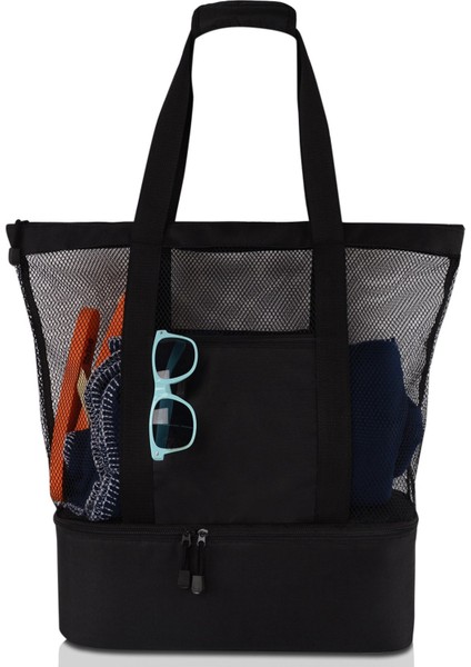 Saklama Çantası Piknik Plaj Çantası Çift Katmanlı Örgü Plaj Piknik Çantası Buz Torbası Yalıtım Çantası Siyah (Yurt Dışından)