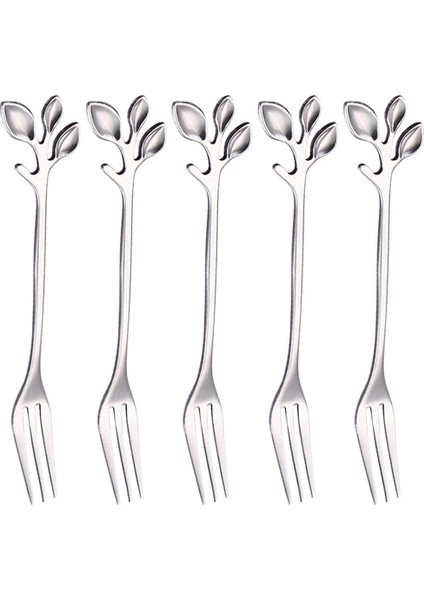 Paslanmaz Çelik Çatal, Yaprak Şeklinde Saplı Tatlı Çatalı Meyve Salatası Et Mutfak Aksesuarları. Gümüş 5 Ürün (Yurt Dışından)