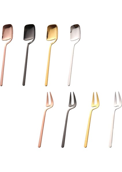 8 Adet Paslanmaz Çelik Kaşık Çatal Retro Kahve Şeker Tatlı Kek Dondurma Kaşığı Karıştırma Kaşık Çatal Seti, Renkli (Yurt Dışından)