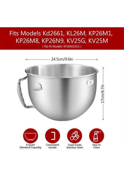 Paslanmaz Çelik Kase Kitchenaid 6 Quart Kase-Kaldırma Stand Mikseri Stand Mikseri ile Uyumlu,bulaşık Makinesinde Yıkanabilir (Yurt Dışından) fırsatları
