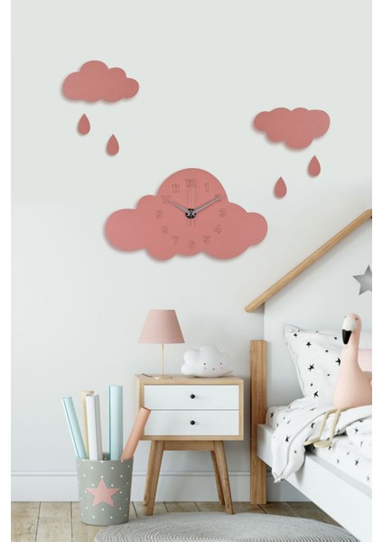 Ahşap Pembe Bulutlu Çocuk Odası Duvar Saati - (Ahşap Sticker Bulut ve Yağmur Damlası Hediyeli)
