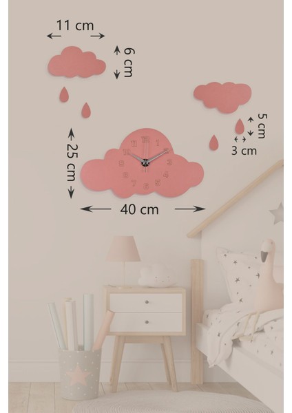 Ahşap Pembe Bulutlu Çocuk Odası Duvar Saati - (Ahşap Sticker Bulut ve Yağmur Damlası Hediyeli) fiyatları