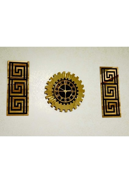Dekoratif 3 Lü Set El Boyaması - Kabartmalı Pleksi Gold Aynalı Şık Duvar Saati ve Ahşap Üzeri Dekor