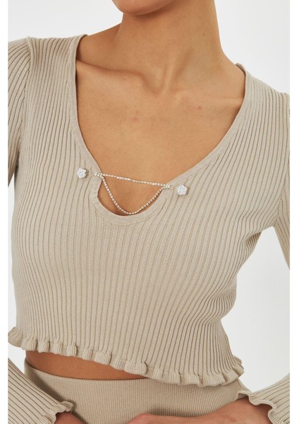 Uzun Kollu Aksesuarlı Örgü Kazak fiyatları