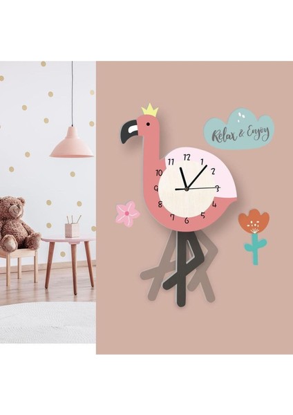 Sallanan Sarkaçlı Flamingo Desenli Çocuk Odası Duvar Saati