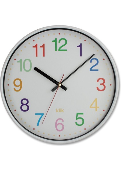 Yuvarlak Klik Slim Renkli Çocuk Duvar Saati Beyaz Modern 30 cm