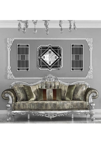 Roma Rakamlı Modern Klasik & Geometrik Tasarım Mdf Üzeri Gümüş Aynalı Pleksi 3lü Duvar Saat Seti