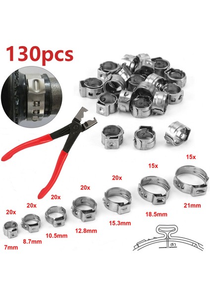 130 Adet Tek Kulaklı Kademesiz Hortum Kelepçesi Seti 7-21 mm 304 Paslanmaz Çelik Hortum Kelepçeleri Hortum Klipsi Kelepçe Pensesi (Yurt Dışından)