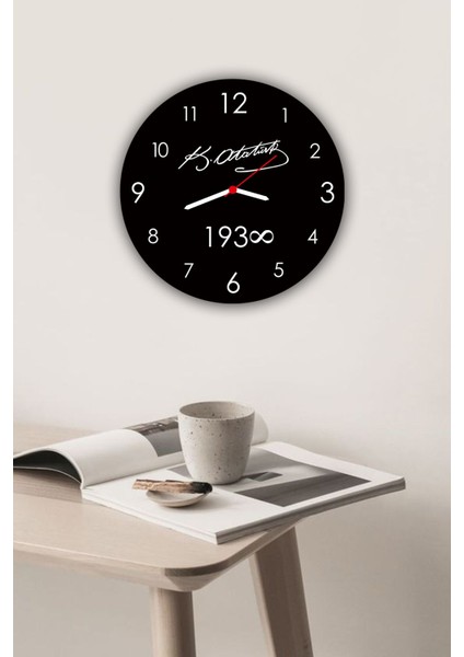 Ahşap Atatürk Imzalı 1938 Duvar Saati Yuvarlak 27 Siyah Klasik