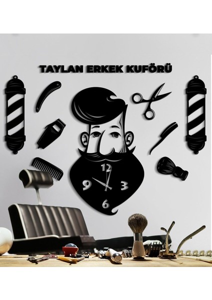 Dekoratif Berber Siyah Duvar Saati + Hediyeli Kedi Tablo 1