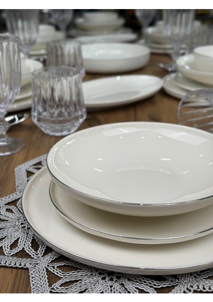 Lazzi Porselen Gümüş Platin Yaldızlı Krem 48 Parça 12 Kişilik Sunum Servis Yemek Takımı Seti fiyatları