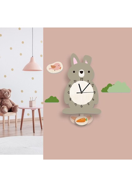 Sallanan Sarkaçlı Tavşan Desenli Çocuk Odası Duvar Saati