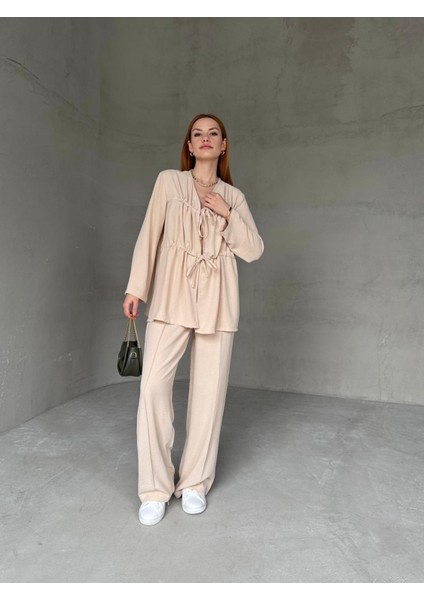 TKM-03658 Taş Rengi Çift Bağlamalı Salaş Tasarım Bluz Palazzo Pantolon Ikili Takım