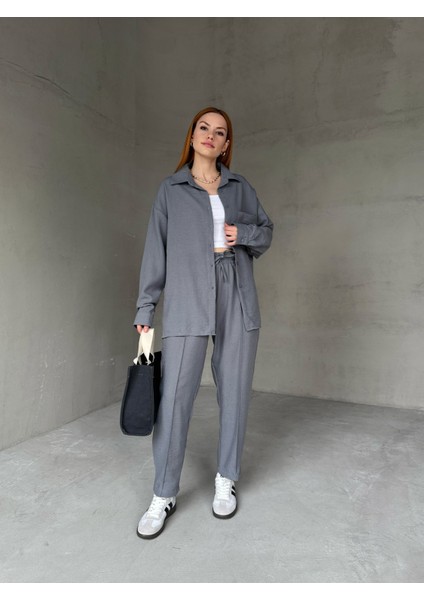 TKM-03665 Füme Cep Detay Düğmeli Gömlek Bel Lastikli Ip Bağlamalı Pantolon Ikili Takım