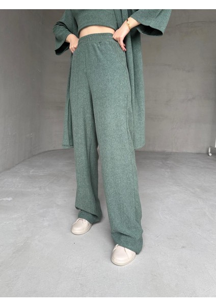 TKM-03657 Yeşil Askılı Bluz Palazzo Pantolon Yarasa Kol Kimono Üçlü Takım