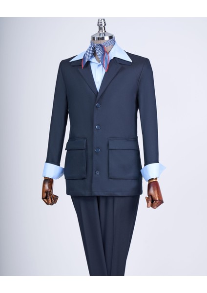 Italyan Stil Erkek Ceket Pantolon Spor Takım Elbise Lacivert T13228