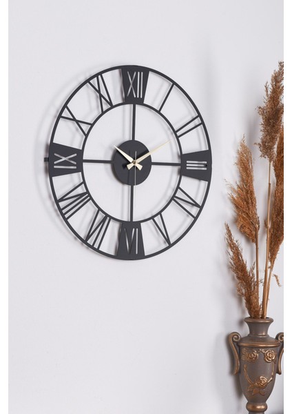 Duvar Saati 50CM Sessiz Mekanizma Siyah Metal Kasa Modern Tasarım - New Roma 50 Siyah Mds-50