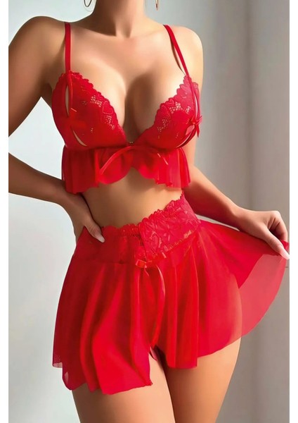 Kadin Kırmızı Tüllü Dantelli Gecelik
