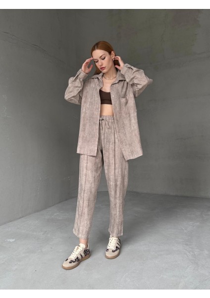 TKM-03659 Taş Rengi Yıkama Kumaş Cepli Salaş Gömlek Bel Lastikli Havuç Model Pantolon Ikili Takım