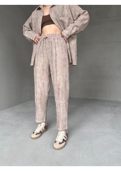 TKM-03659 Taş Rengi Yıkama Kumaş Cepli Salaş Gömlek Bel Lastikli Havuç Model Pantolon Ikili Takım