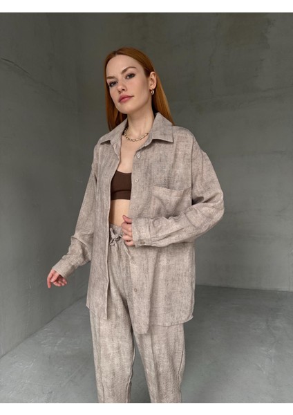 TKM-03659 Taş Rengi Yıkama Kumaş Cepli Salaş Gömlek Bel Lastikli Havuç Model Pantolon Ikili Takım