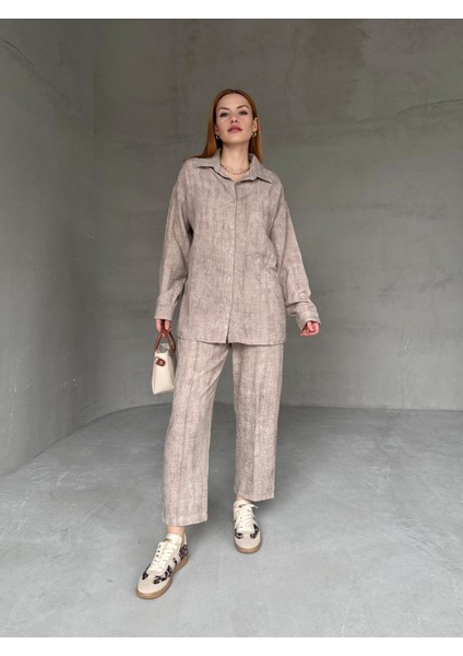 TKM-03659 Taş Rengi Yıkama Kumaş Cepli Salaş Gömlek Bel Lastikli Havuç Model Pantolon Ikili Takım