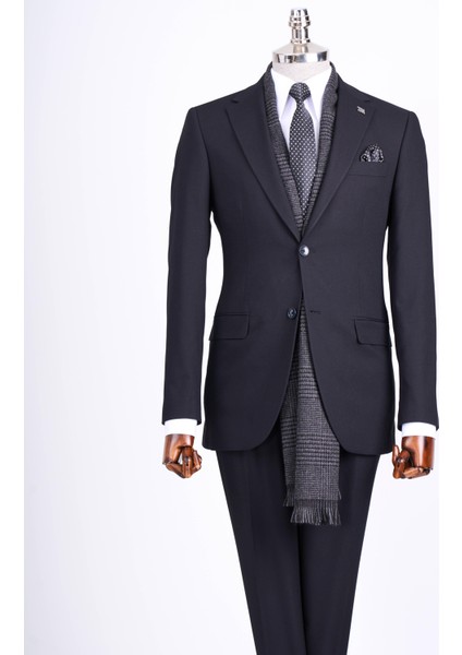 Slim Fit Takım Elbise Gömlek Kemer Kravat Set Siyah T13513