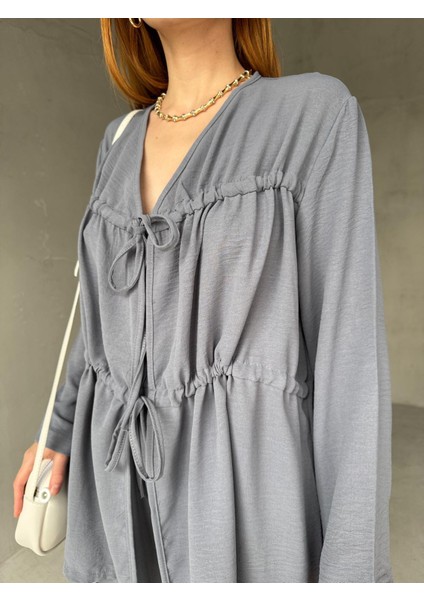 TKM-03658 Füme Çift Bağlamalı Salaş Tasarım Bluz Palazzo Pantolon Ikili Takım