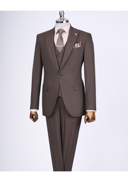 Italyan Stil Ceket Yelek Pantolon Takım Elbise Kahverengi T12827