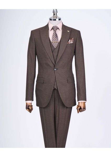 Italyan Stil Ceket Yelek Pantolon Takım Elbise Kahverengi T12827 indirimleri