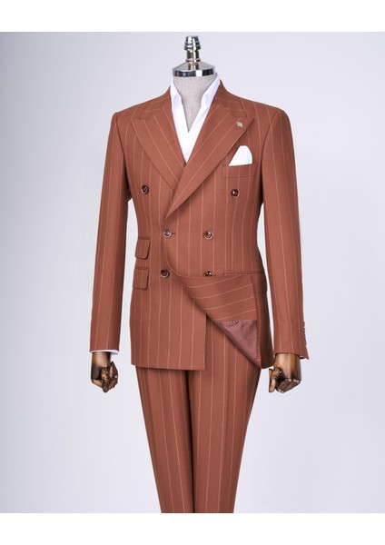 Italyan Stil Kruvaze Ceket Pantolon Takım Elbise Kahverengi T13304