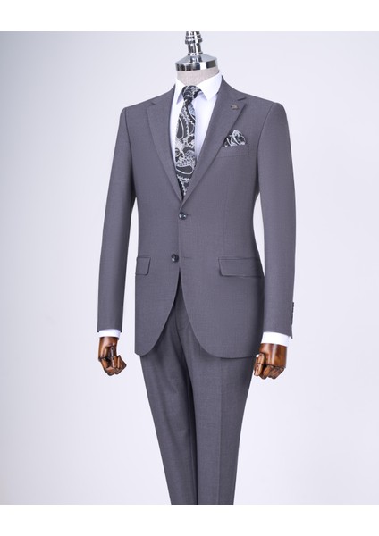 Slim Fit Takım Elbise Gömlek Kemer Kravat Set Antrasit T13596