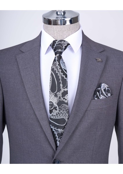 Slim Fit Takım Elbise Gömlek Kemer Kravat Set Antrasit T13596