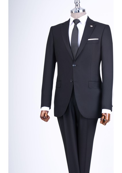 Slim Fit Takım Elbise Gömlek Kemer Kravat Set Siyah T13566