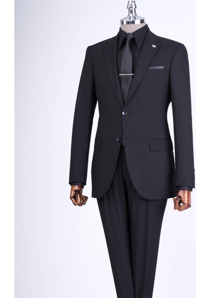 Slim Fit Takım Elbise Gömlek Kemer Kravat Set Siyah T13568