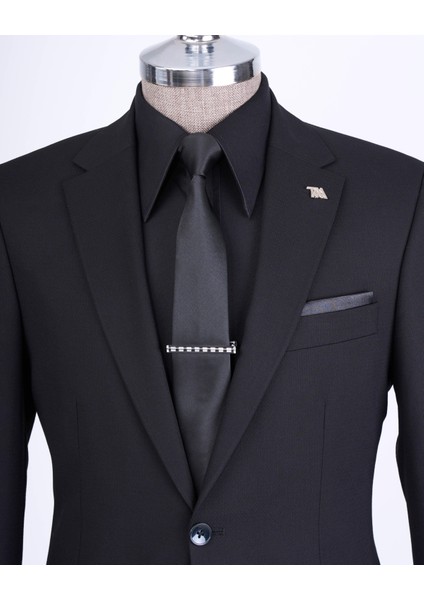 Slim Fit Takım Elbise Gömlek Kemer Kravat Set Siyah T13568