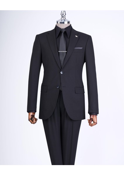 Slim Fit Takım Elbise Gömlek Kemer Kravat Set Siyah T13568