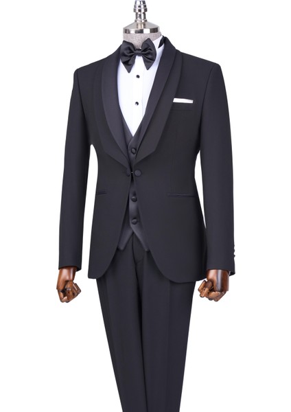 Italyan Stil Slim Fit Şal Yaka Ceket Yelek Pantolon Damatlık Set Siyah T13692