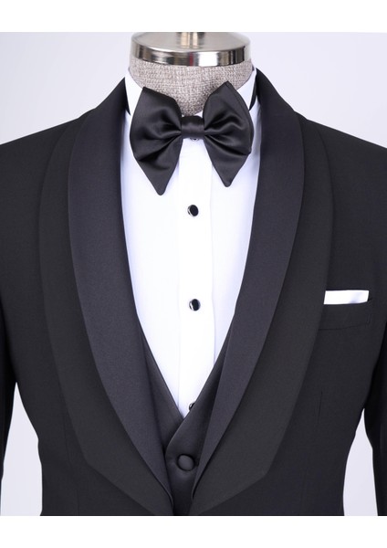 Italyan Stil Slim Fit Şal Yaka Ceket Yelek Pantolon Damatlık Set Siyah T13692 fiyatları