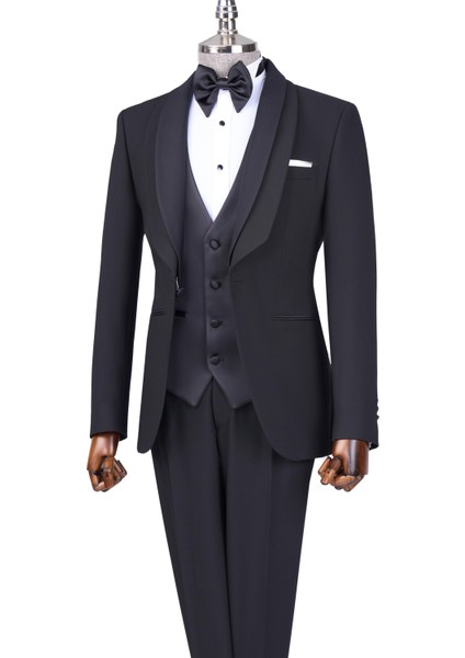 Italyan Stil Slim Fit Şal Yaka Ceket Yelek Pantolon Damatlık Set Siyah T13692 fırsatları