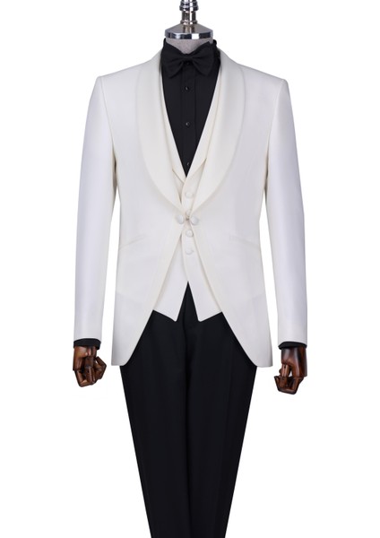 Italyan Stil Slim Fit Şal Yaka Ceket Yelek Pantolon Damatlık Set Beyaz T13695 indirimleri