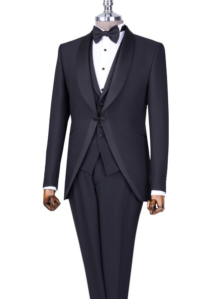 Italyan Stil Slim Fit Şal Yaka Ceket Yelek Pantolon Damatlık Set Siyah T13697