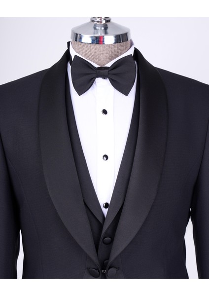 Italyan Stil Slim Fit Şal Yaka Ceket Yelek Pantolon Damatlık Set Siyah T13697 fiyatları